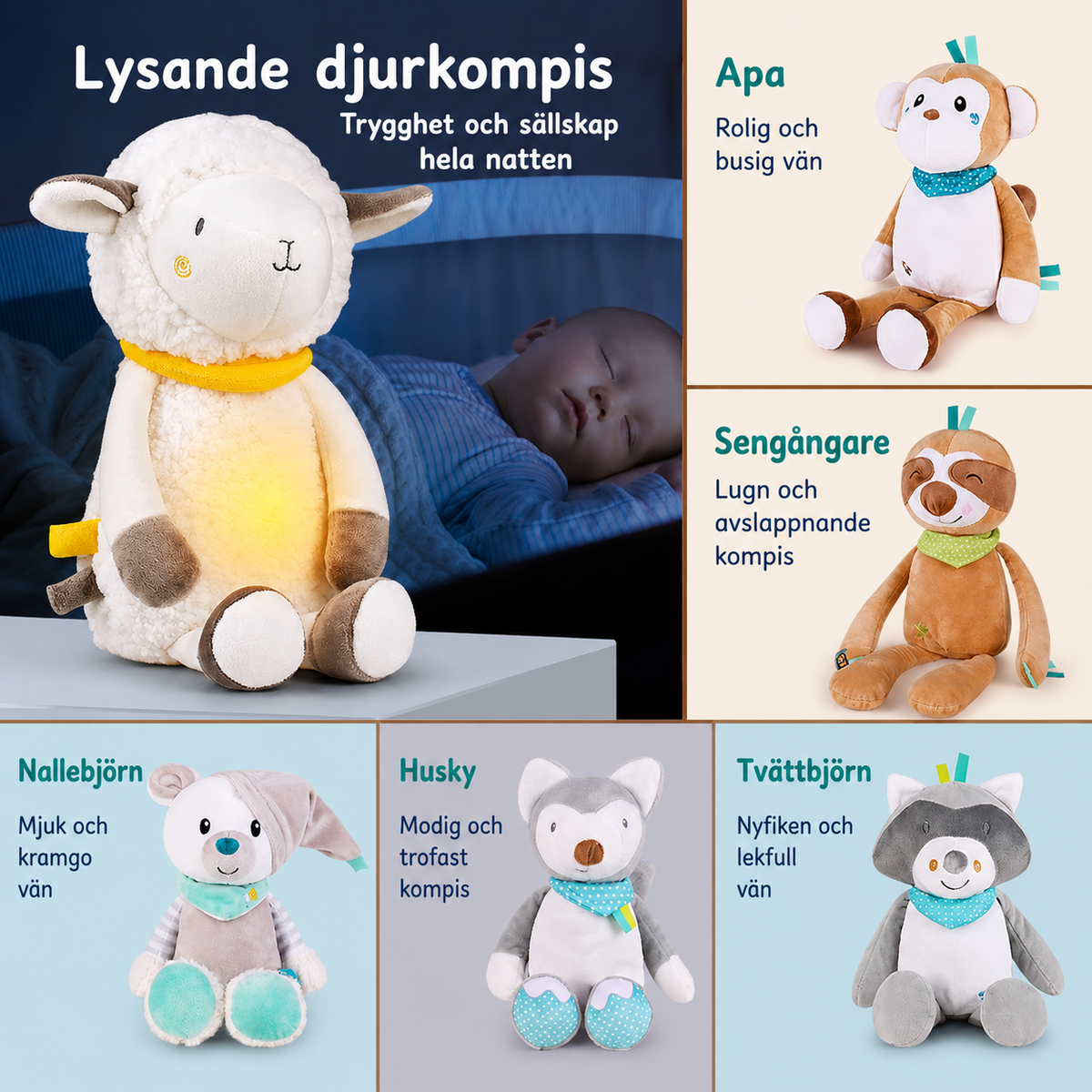 Baby Docka med Nattlampa – Mjuk och Trygg Sovleksak för Barn.