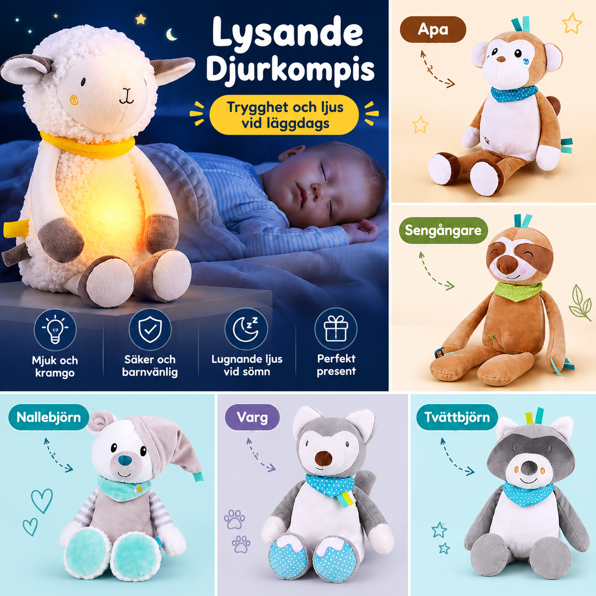 Baby Docka med Nattlampa – Mjuk och Trygg Sovleksak för Barn.